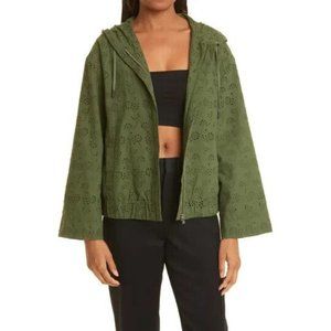 Jason Wu Green Eyelet Flare Sleeve Zip-Up Cotton Hooded Jacket, Size XS NWT!